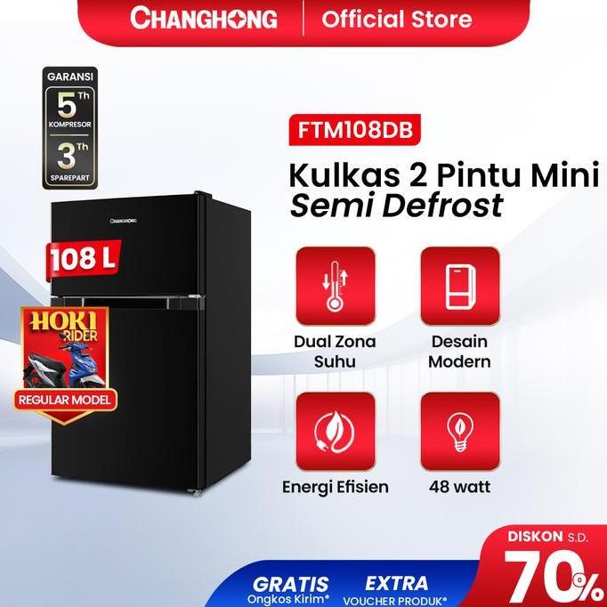 Evajayamandiri - Changhong Kulkas 2 pintu Mini (Refrigerator) Lemari Es Kapasitas 108 Liter Black FT