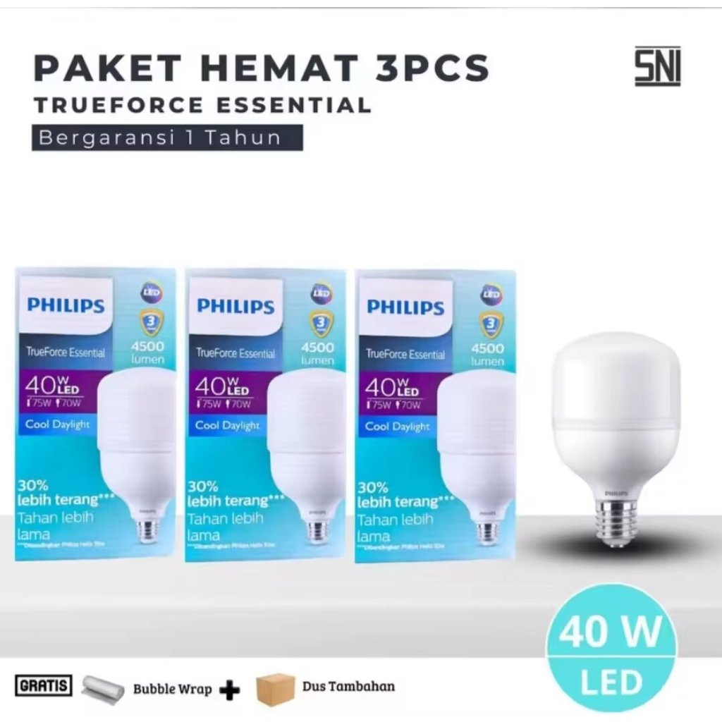 Promo Paket 3Pcs Philips Led Essential Trueforce 40Watt Lampu Led Bohlam Putih E27 Sni Original