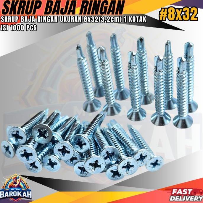 SKRUP BAJA RINGAN UKURAN 3.2CM #8X32 KEMASAN 1DUS ISI 1000PCS SKRUP ROOFING SUPER TAJAM DAN KUALITAS