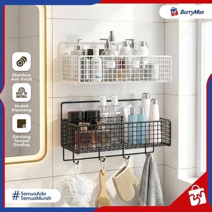 Rak Kamar Mandi Stainless Anti Karat Gantung Tempel Dinding Organizer Sabun Sampo Skincare Minimalis