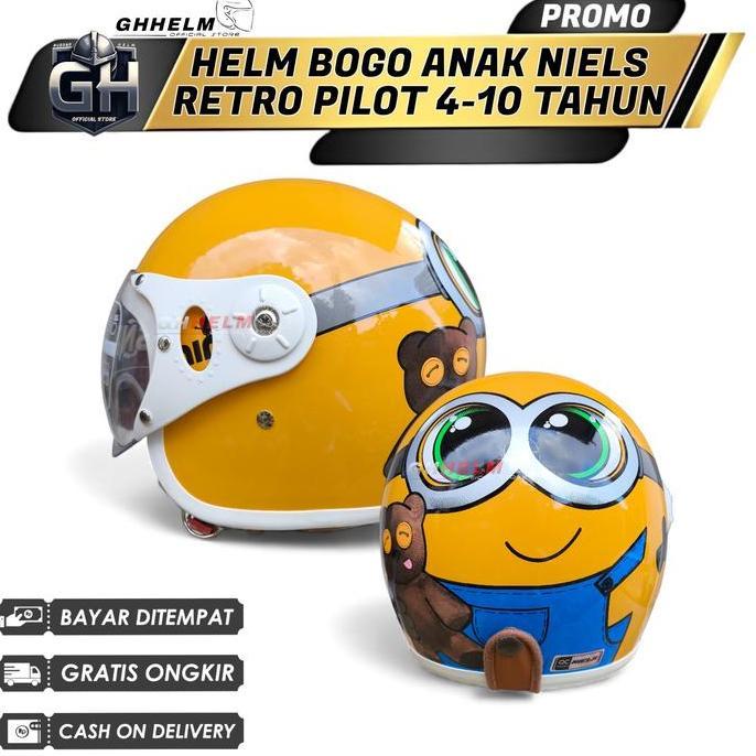 HELM ANAK BOGO NIELS MOTIF MINIONS MODEL PILOT UMUR 4-10 TAHUN