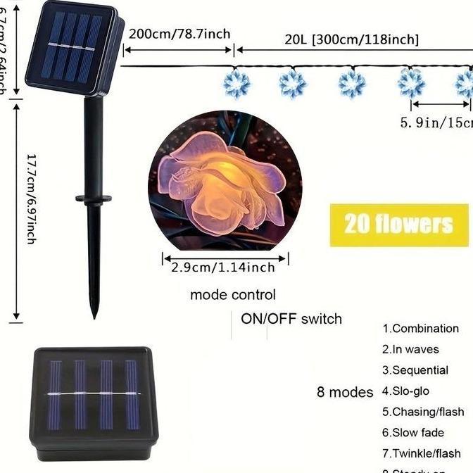 FERAYPO Lampu Hias LED Tenaga Surya Bentuk Mawar / Lampu String Peri Tenaga Surya / Lampu Dekorasi T