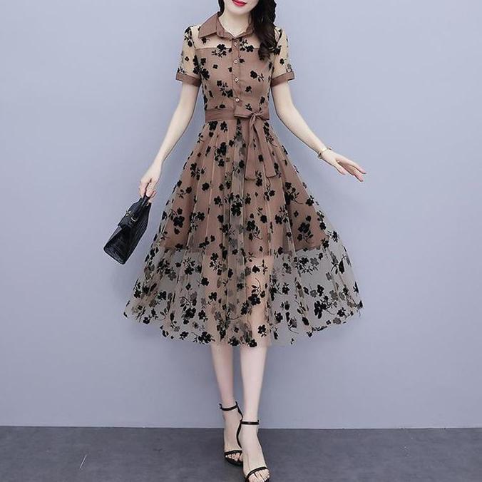 FANMU 4097 wanita gereja dress simpel elegan korean style party kristen selutut brokat wanita kekini