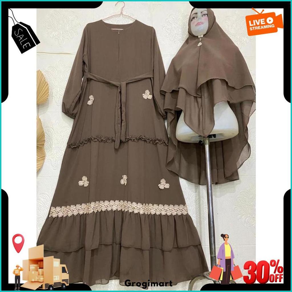 Gamis Syari Ceruty Renda / Gamis Terbaru Mix Renda Bunga Cantik / Gamis Ceruty Babydoll Ready Stock