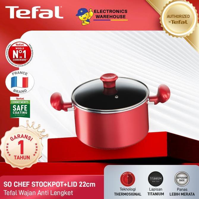 Tefal Wajan Panci Induksi Anti Lengket So Chef Stock Pot 22cm + Tutup Warna Merah dengan Lapisan Tit