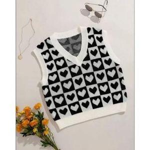 Lansungkirim- Rompi Korea Rajut Wanita Motif Love/Hati / Korean Knit Vest/Korean Style Vest Atasan T