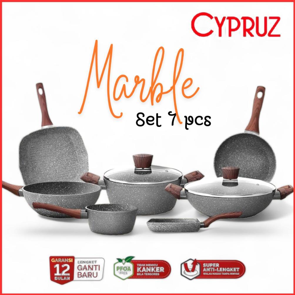 cypruz marble cookware set 7 pcs panci wajan teflon anti lengket Diskon
