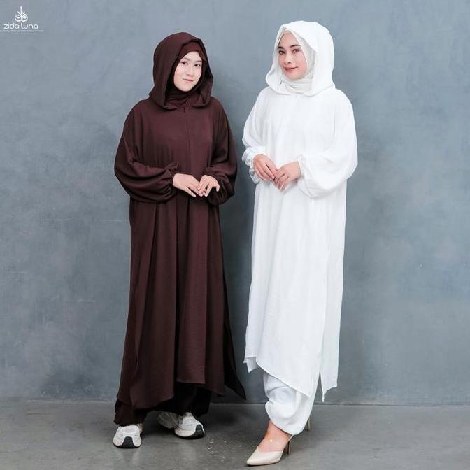 Chiusura- Zida Luna Mecca Set Hoodie Sporty & Celana Sirwal Panjang Bahan Crinkle Premium Hitam Sete