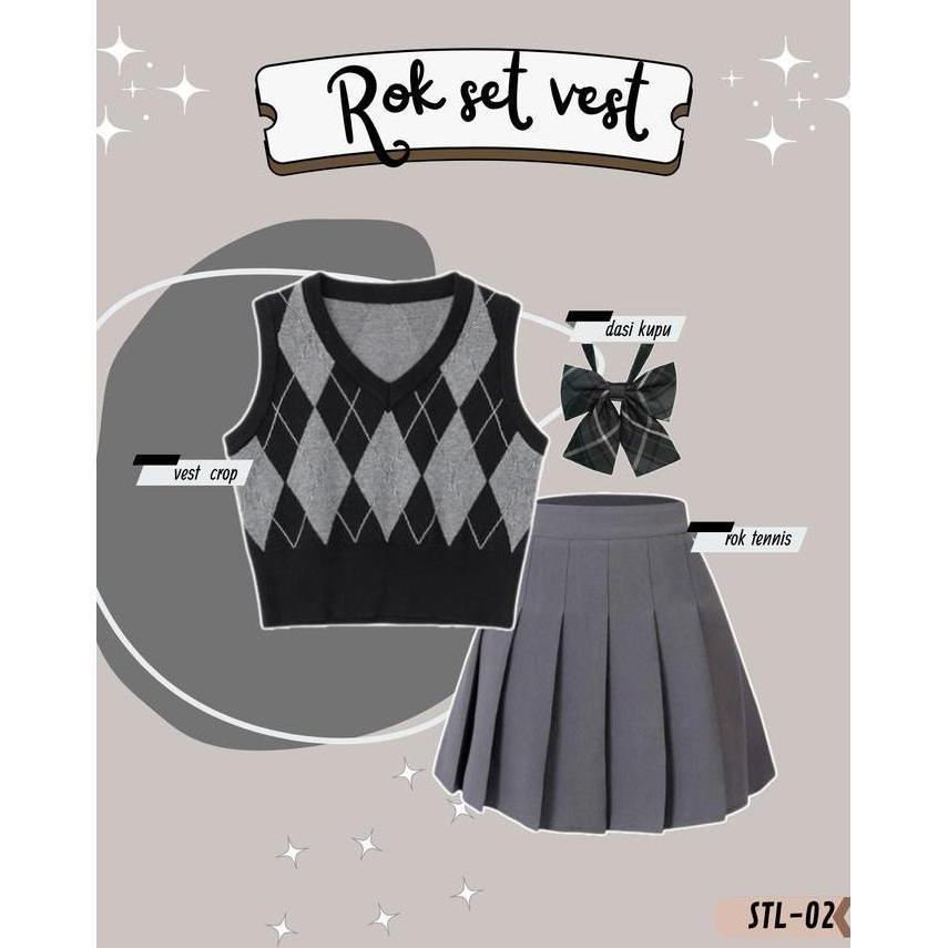 Haggy One Set Korean Style (Rok Tennis + Kemeja Putih + Vest + Dasi Kupu) OOTD Wanita Korea Kekinian