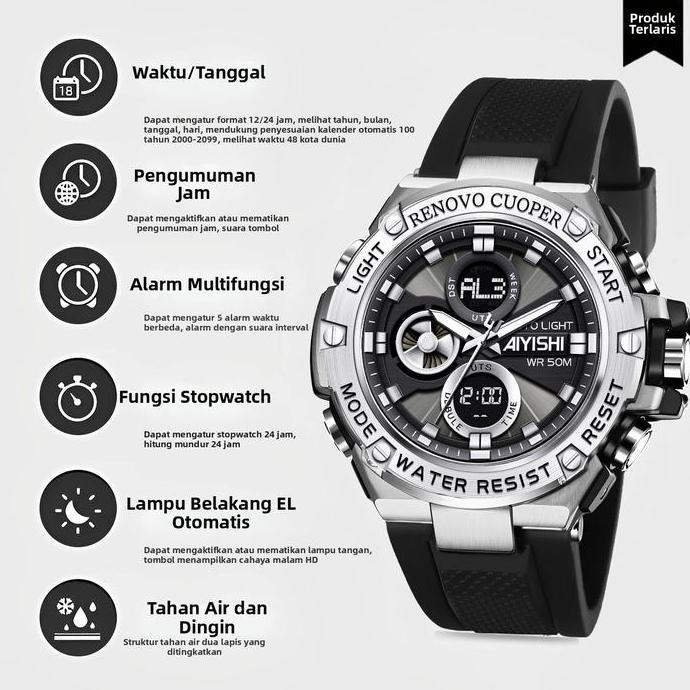 Cloknlok- Jam Tangan Olahraga Baru Aiyishi, Tahan Air, Gerakan Elektronik Bercahaya, Tampilan Ganda,