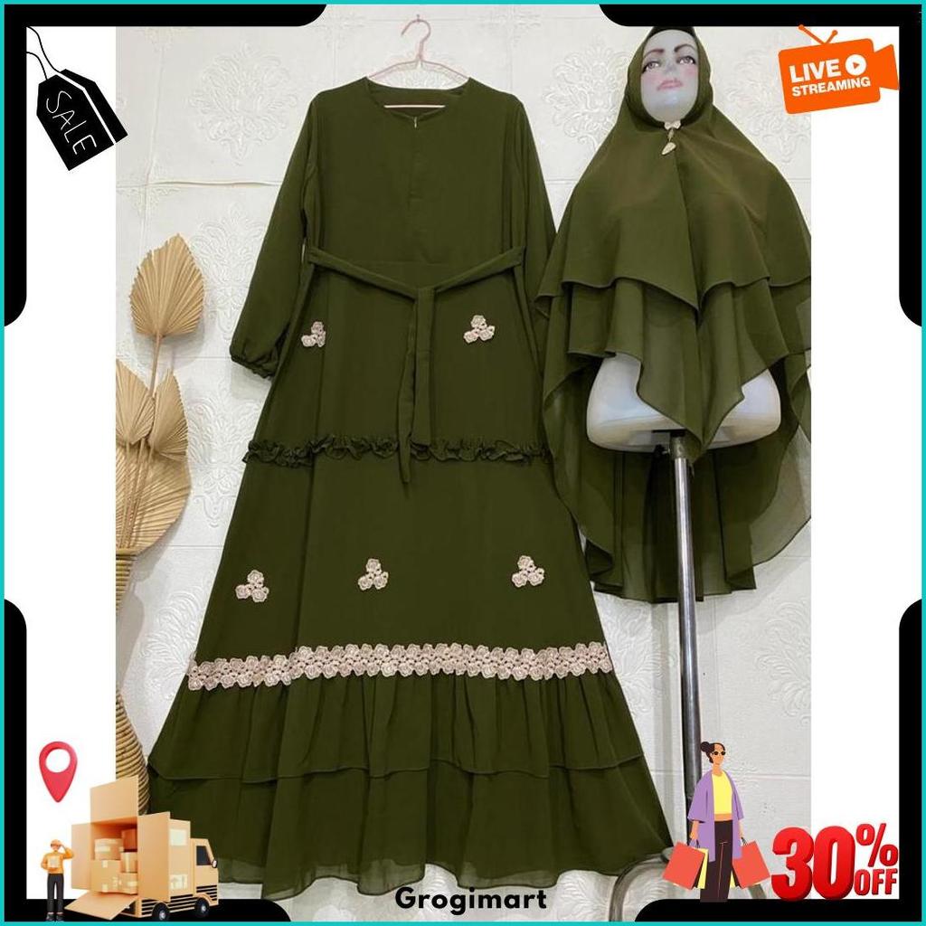 Gamis Syari Ceruty Renda / Gamis Terbaru Mix Renda Bunga Cantik / Gamis Ceruty Babydoll Premium Qual