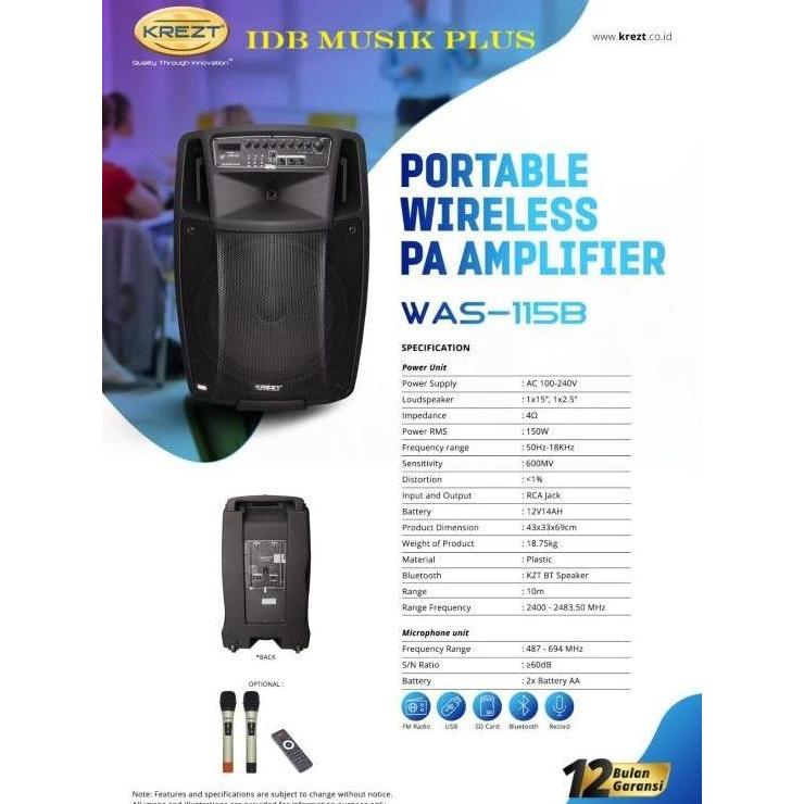 TERLARIS SPEAKER PORTABLE 15 INCH KREZT WAS115B WAS 115B ORINAL KREZT