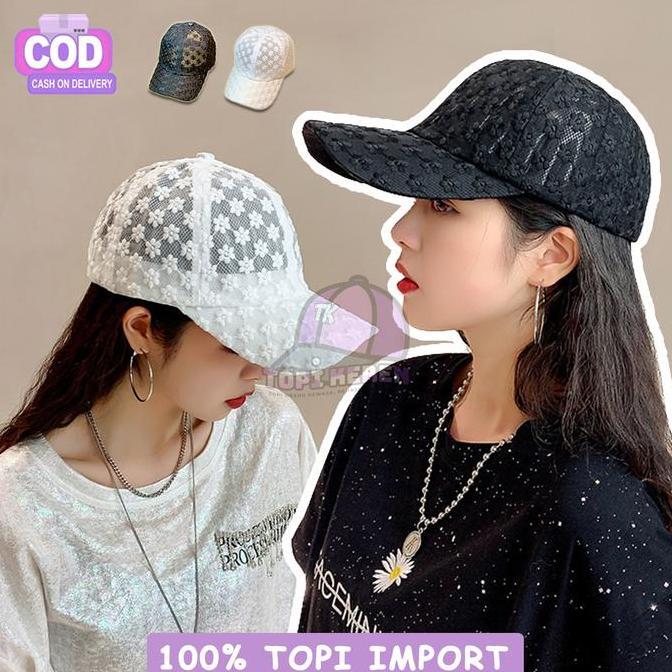 Topi Distro Pria Wanita Outfit Korea Baseball Cap Gaya Jepang Fashion Hitam Putih Casual Aksen Renda