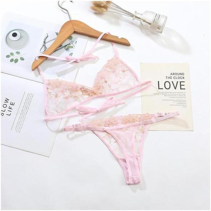Lingerie Set Tali  Bunga Bordir Bra Lingerie Wanita Transparan A137 Sexy