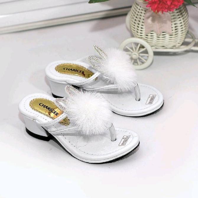 Sandal anak perempuan hak jepit bulu kelinci hak 3cm DS