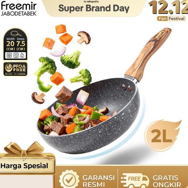 Mega Freemir Wajan Cekung 20 Cm Wajan Anti Lengket Batu Granit Set Wajangagang Kayu Wajan Panci Serb