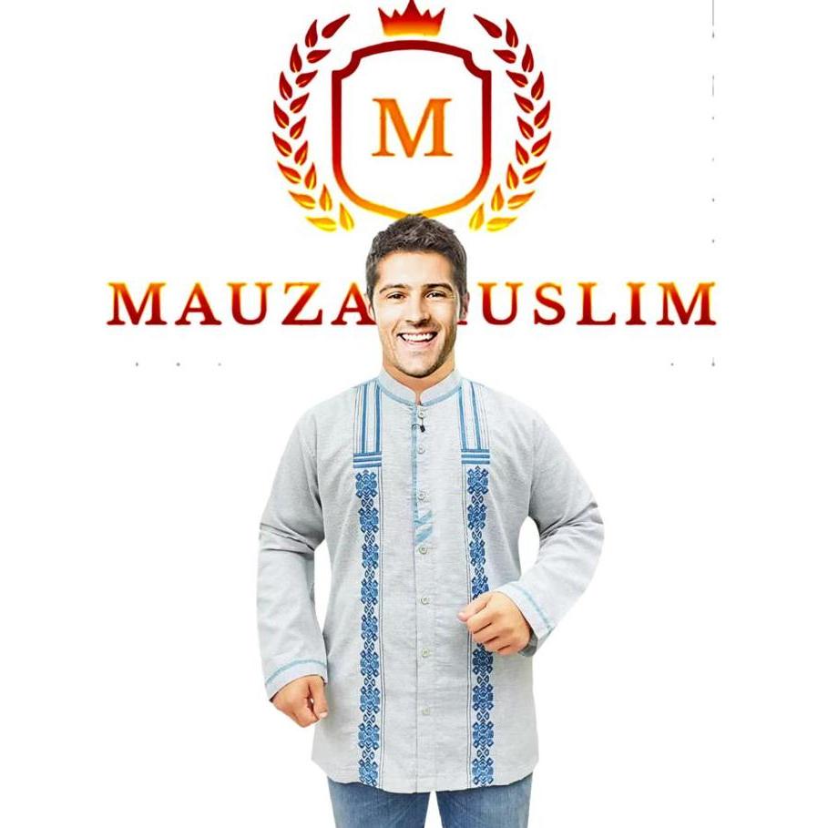 MAUZA MUSLIM Baju Koko Pria Dewasa Lengan Panjang Motif Bordir Bahan Katun Cordova Kancing full keba