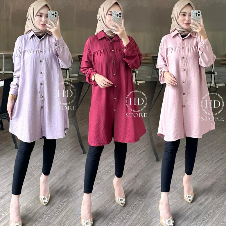 PREMIUM ZEYA TUNIK POLOS POLO LINEN || ATASAN WANITA KEMEJA BASIC KANCING DEPAN BELAKANG