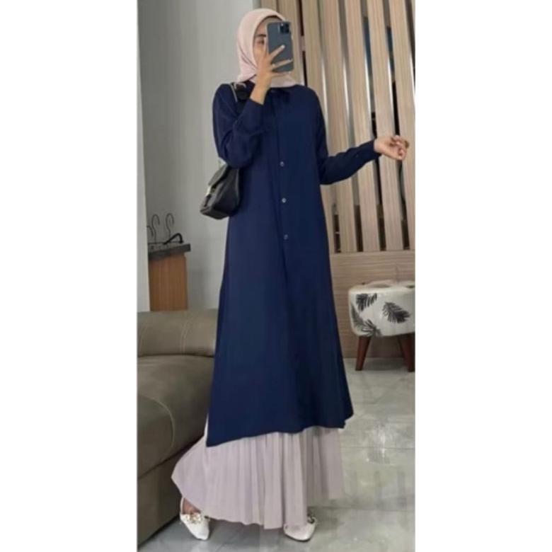 Wajib Punya Gamis Tunik Biru Lengan Panjang Allsize Standard Ld 110 Allsize Jumbo Ld 120 Terbaru 202