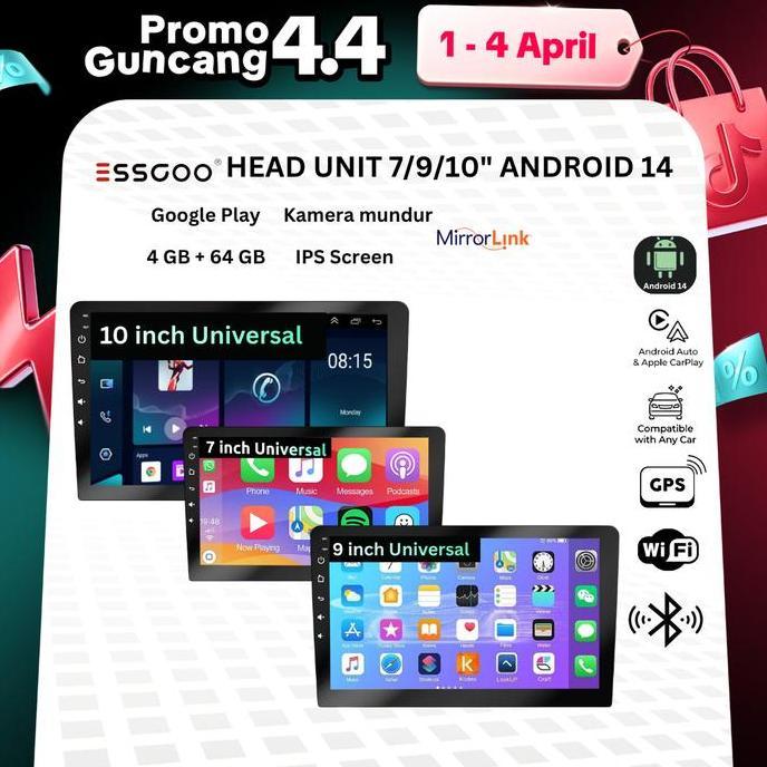 Essgoo Head Unit Android 14 Mobil 4G+64G  7/9/10 Inch 2 Din Kontrol Suhu Cerdas Ips Layer Mobil Navi
