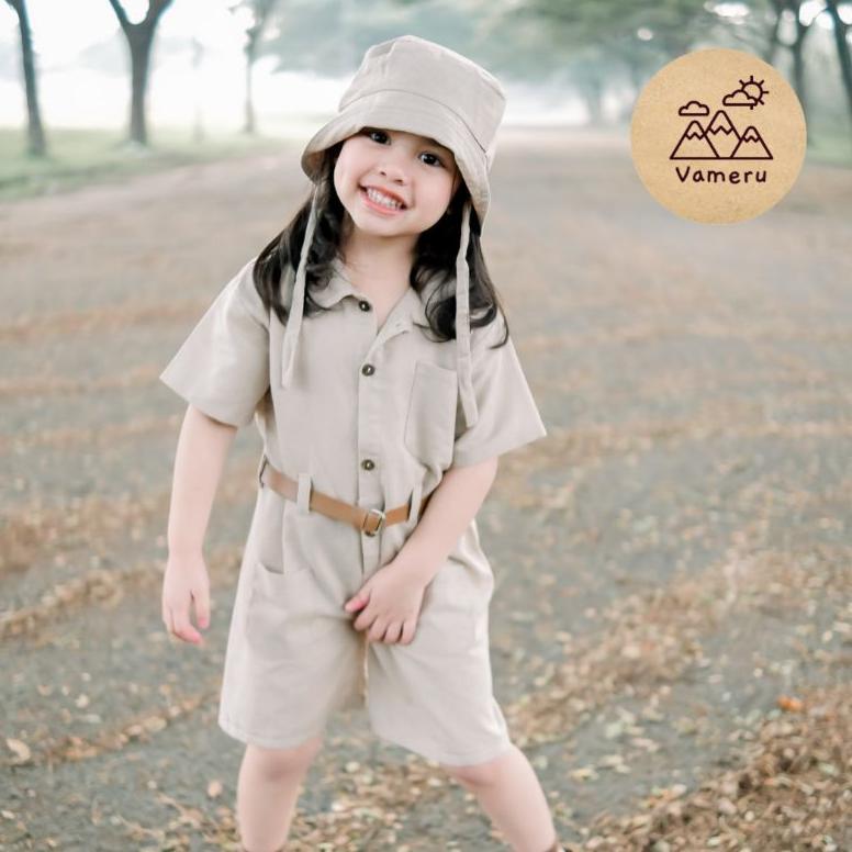 Vameru - Jumpsuit Anak Safari Set Zoo Keeper Camping Linen Gratis Bucket Hat Topi Ikat Pinggang