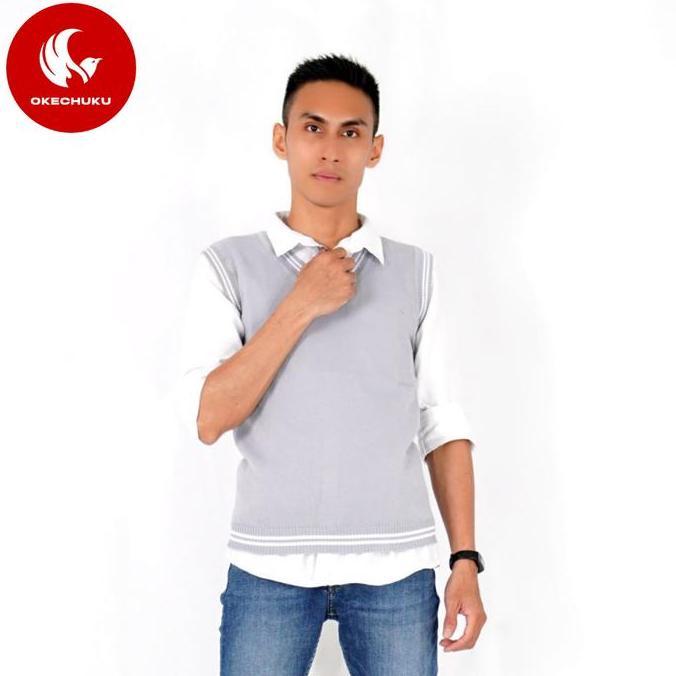 NEW OKECHUKU ROMPI RAJUT HALUS ABU LIST PUTIH PRIA / MAN KNIT VEST UNIFORM ROMPI RAJUT PRIA KNIT VES