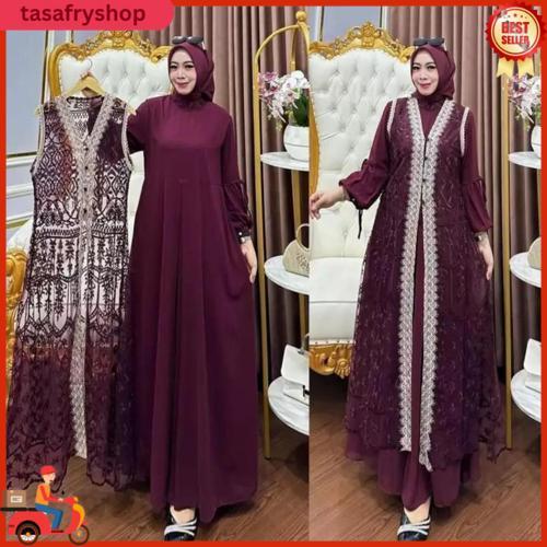 Gamis Brokat Naura Dress 2In1 Busui Wudhu Friendly Inner Ceruty Adem + Outer Brokat Premium Elleova 