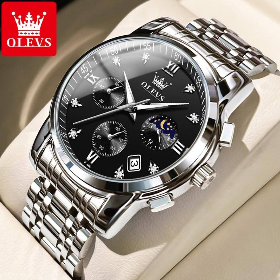 OLEVS Jam Tangan Pria Anti Air Original Stainless Steel Chrono Aktif Cowok Luminous Kalender Analog 