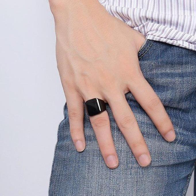 Youboy- Cincin Kotak Titanium Polos Premium Hitam Silver Biru / Cincin Titanium Square Keren High Qu