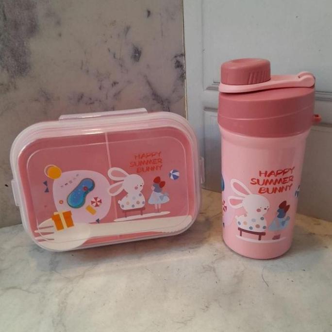 Lunch Box Anak Karakter Lucu Kotak Makan 2tingkat dan  Sekat Satu Set Botol Minum