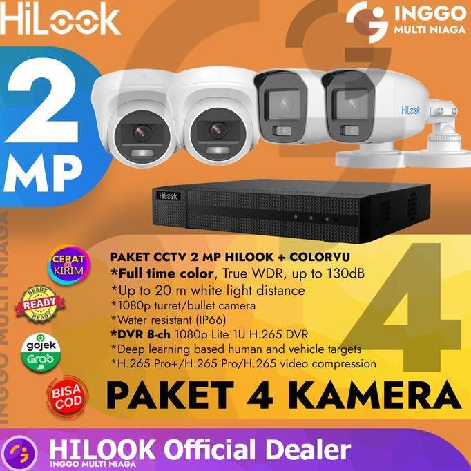 TERLARIS PAKET CCTV 4 KAMERA DVR 8 CHANNEL 2MP HILOOK COLORVU MALAM BERWARNA