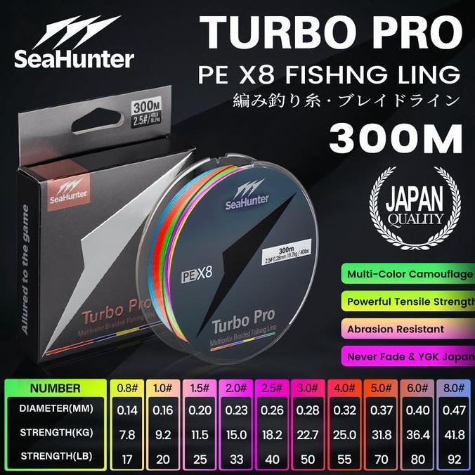 [OFFICIAL] SeaHunter Turbo Pro PE X8 300M Berwarna warni Senar Pancing Kekuatan Tarik 7.8kg41.8kg (1