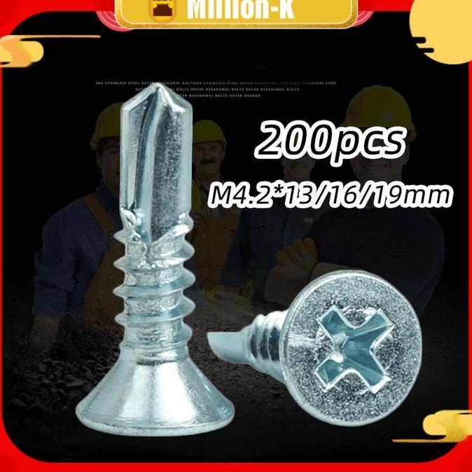 DZAWAO 200Pcs M4.2 Sekrup Bor Sendiri Dengan Kawat Ekor Merpati / Sekrup Roofing / Baut Atap PROTOK