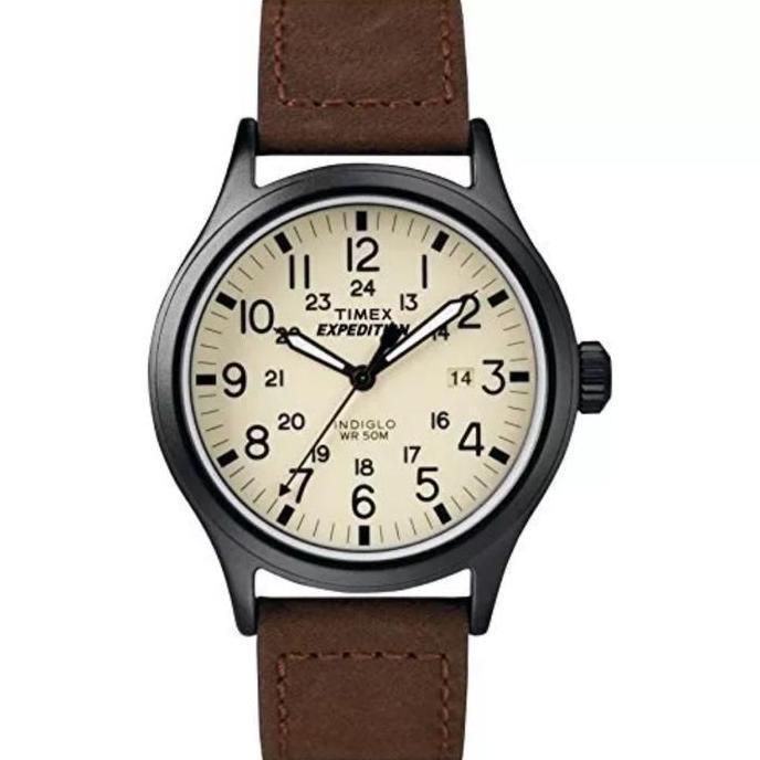 timex T49963 Men Expedition Scout Brown Leather Watch Date Indiglo