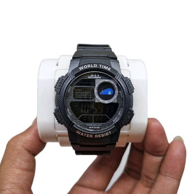 Jam tangan digital logo polisi strap rubber hitam anti air Kaca Karet Pria