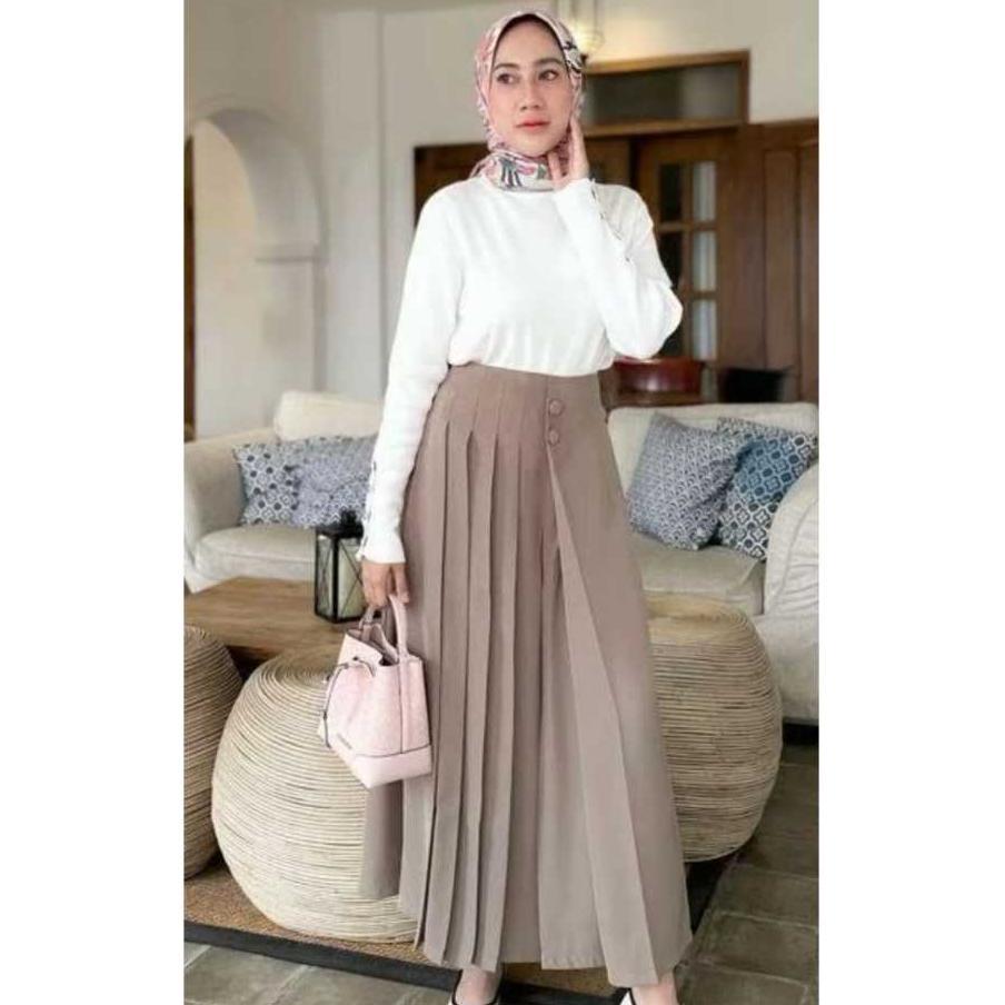Grade Ori Cullote Pleats - Celana Kulot Husna Kancing 2 - Celana Wanita Highwaist Premium - Rok Kulo