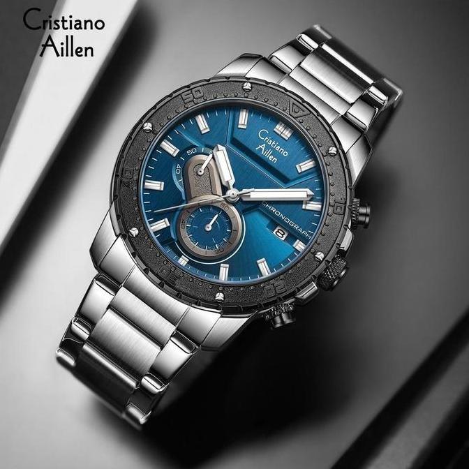 aqonik.id - cristiano aillen jam tangan pria analog 8900 rantai stainless steel chronograph kaca sap