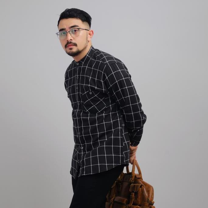 Kemeja Pria Flanel Sanghai Koko Lengan Panjang Hitam List Putih Abiyan Series 2270 Terbaru 