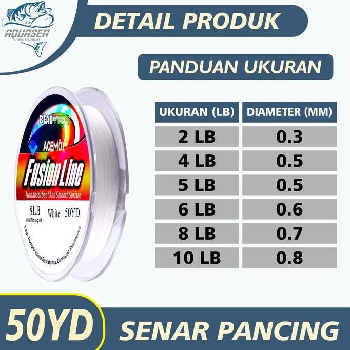 Aquasea Senar Pancing Fusion Line 50M Putih Nilon Tahan Lama & Kuat untuk Memancing Ikan Kecil hingg