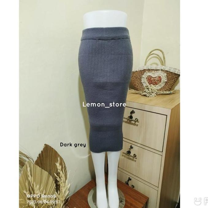 Wokex- [Tidak Menerawang-Tanpa Belahan-Tidak Kaku] Rok Span Knit Rajut 3/4-Midi Skirt Wanita Kerja S