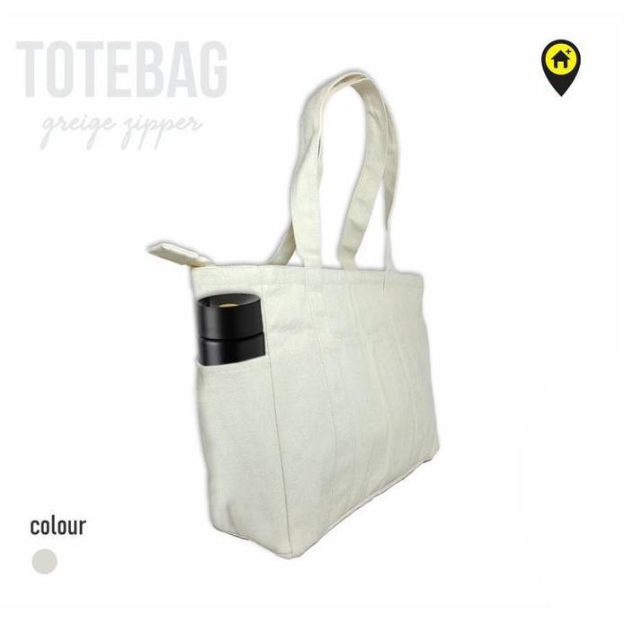 tote bag polos kanvas, resleting besar, totebag kanvas Wanita  natural, tas kanvas zipper, custom