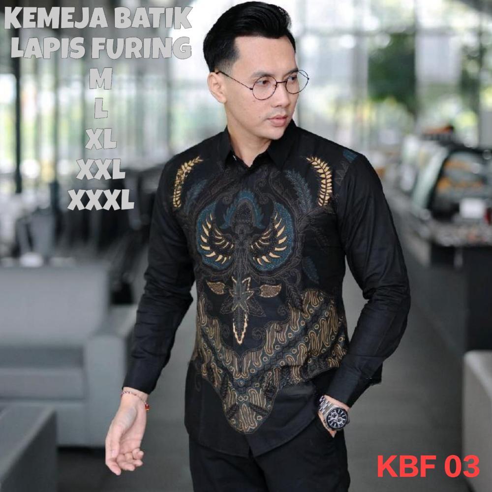 Saless Kemeja Batik Pria Lapis Furing Baju Batik Slimfit Lengan Panjang Warna Biru Denim