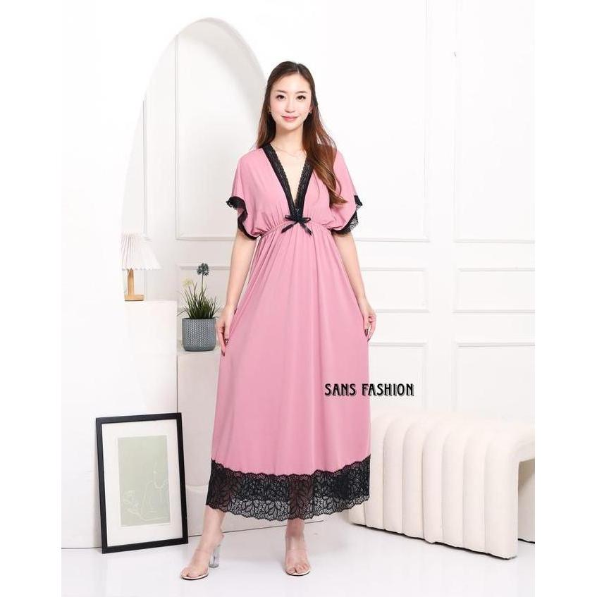 Sans Fashion - Rania Long Dress Jersey Premium V Neck Ld 120 Cm - Midi Dress Babydoll Renda Py 393