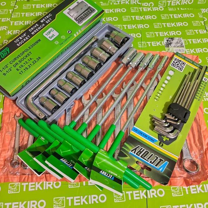 Paket Bengkel Kunci Shock Set Lengkap 8 Sampai 24mm 1/2inch 10Pcs Victory + Kunci Sok T 5Pcs 8,10,12
