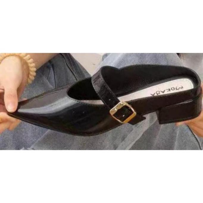 PREMIUM MOKAYA Sepatu Slop Jelly Wanita Tali Gesper Gold Samping Glossy / Size 36-40 (L771-081) sand