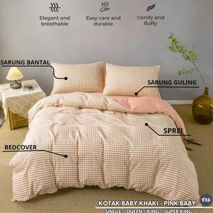 TERBARU - BEDCOVER SET/Bedcover+Sprei Set Motif Kotak-Kotak Kecil Khaki Aeshtetic Dekorasi Ukuran Si