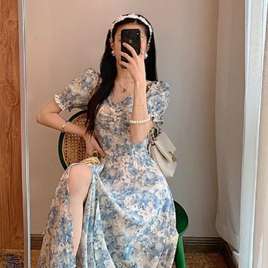 Sky Blue Floral Midi Dress - Casual Kasual / Import Impor  / Daisy Dress Bunga / Korean Korea Fashio