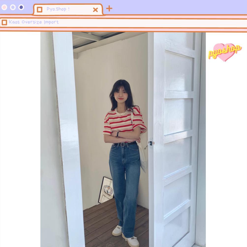 Baju Wanita - Kaos Stripe Oversized Import Wanita Bordir Korean