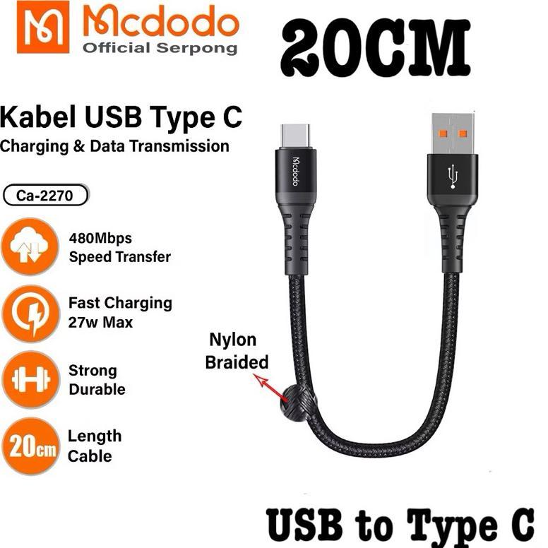 Kabel Data Pendek 20cm Usb Type C Mcdodo Ca-5173 Original Cable