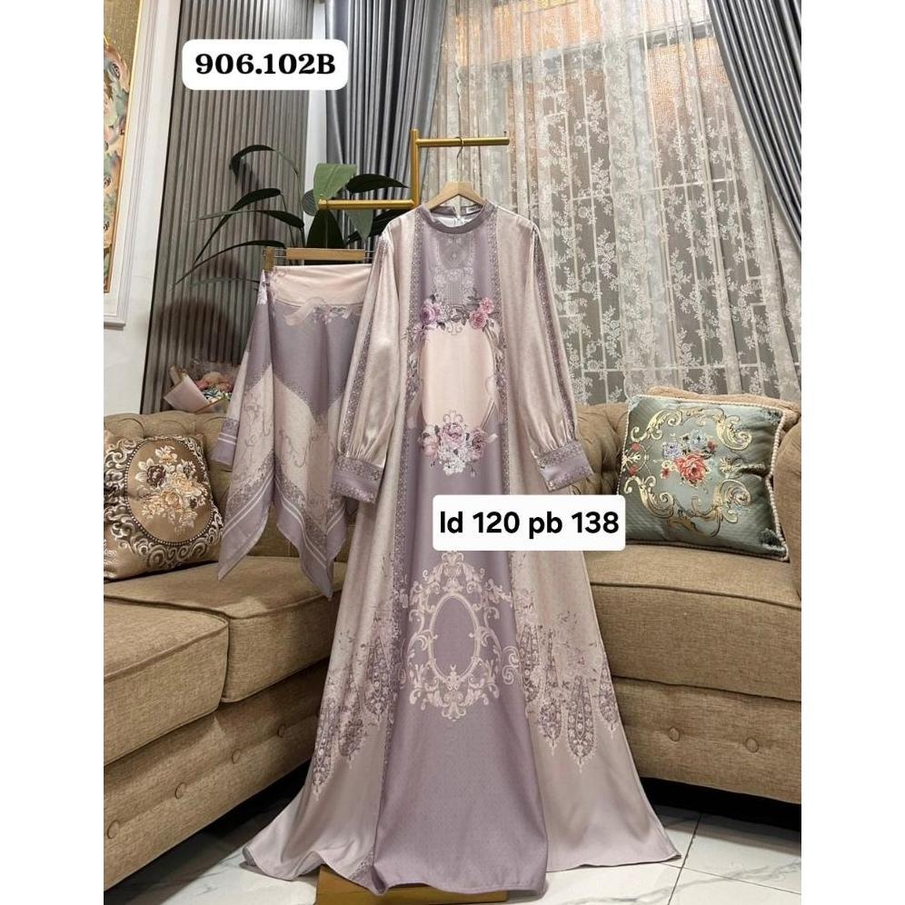 HOT DEALS STELAN GAMIS HIJAB KATUN SILK PRENIUM  MOTIF PRENIUM KUSUS JUMBO ( GAMIS + HIJAB)